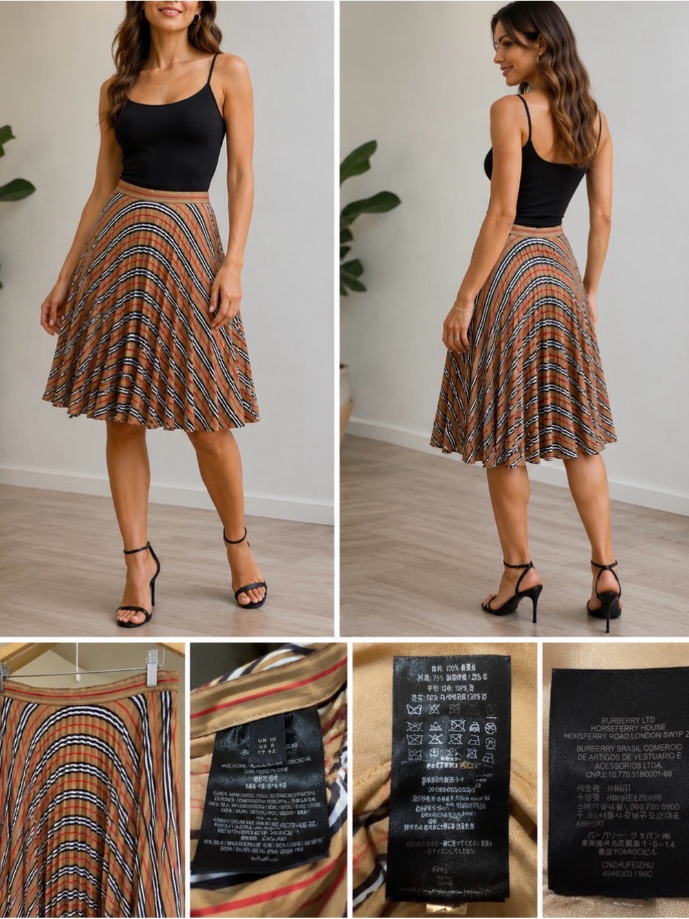 SkirtLuxury 100% Silk Pleated Midi Skirt Camel Stripe